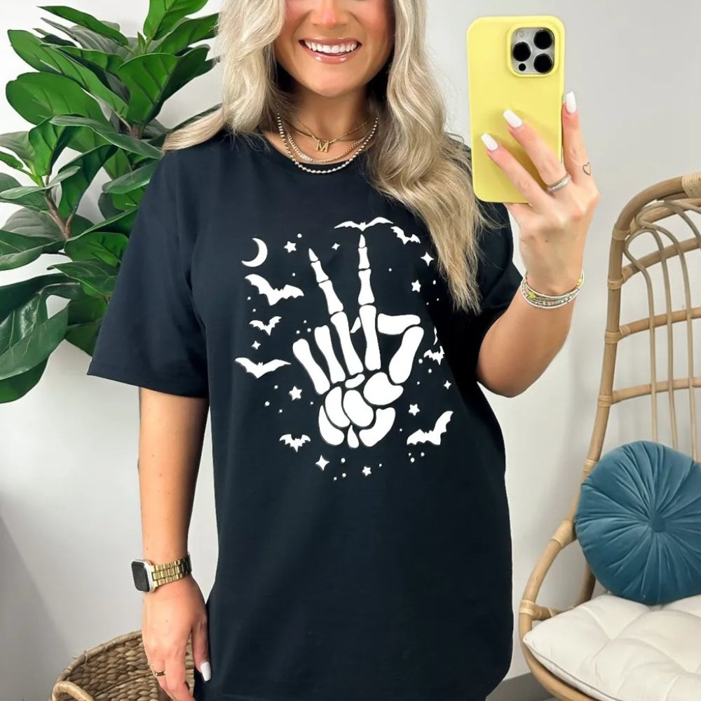 Black Halloween Bat & Skeleton Hand Graphic Tee - Picture 7 of 12